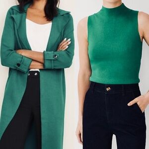 Lot of 2. Ann Taylor Green Knit Long Open Cardigan Coat and Sweater Shell, XXL.